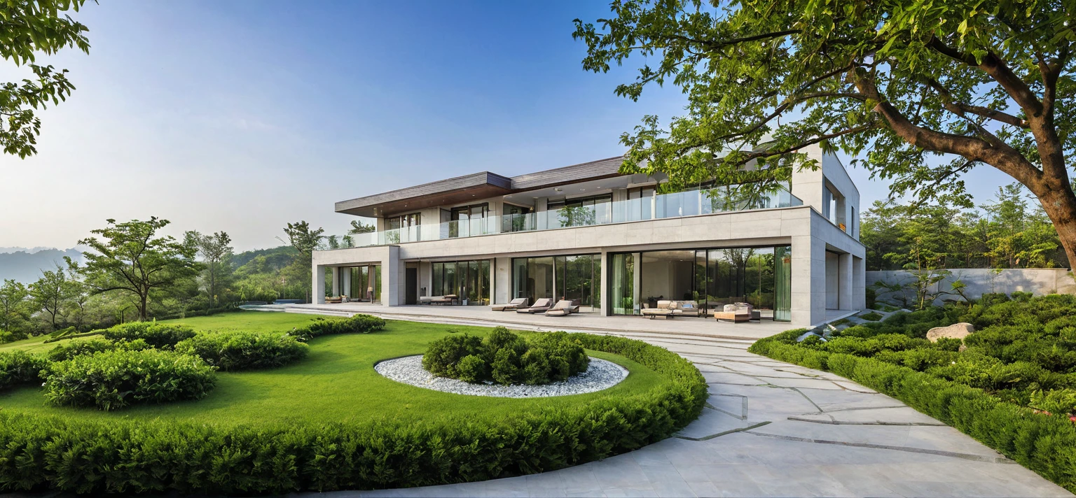 qlcd,tingyuan, photo of modern villa, grassland, garden, shrubs and trees, rock decoration, clear sky, sun light, realistic photo