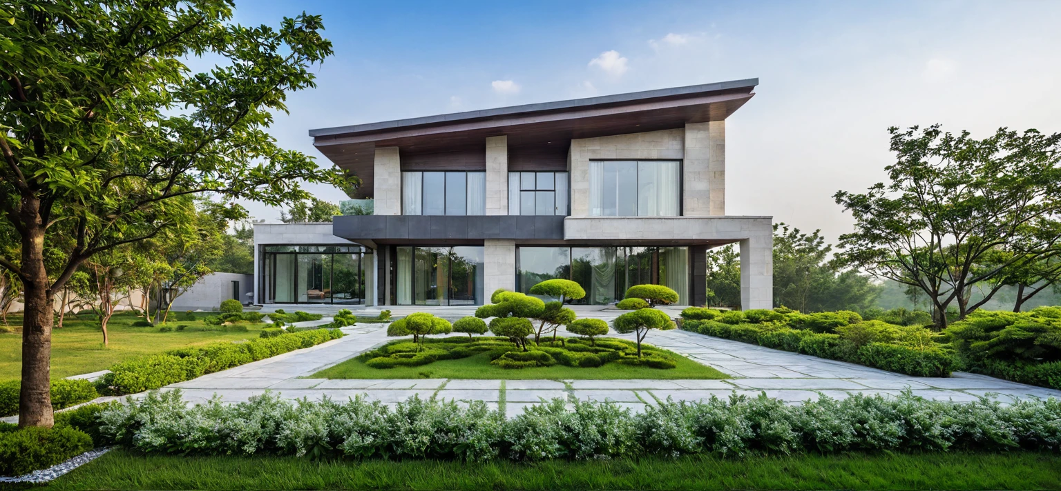 qlcd,tingyuan, photo of modern villa, grassland, garden, shrubs and trees, rock decoration, clear sky, sun light, realistic photo