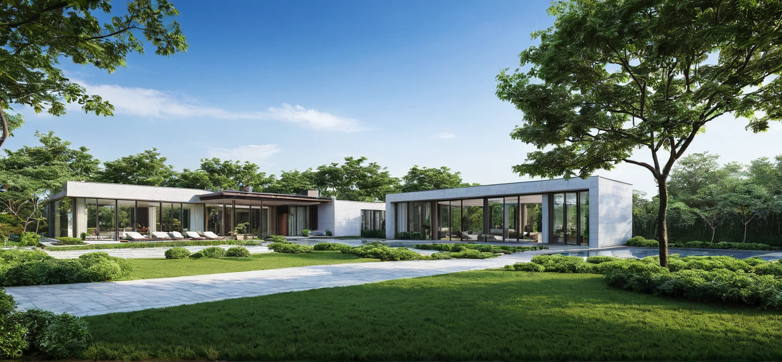 qlcd,tingyuan, photo of modern villa, grassland, garden, shrubs and trees, rock decoration, clear sky, sun light, realistic photo