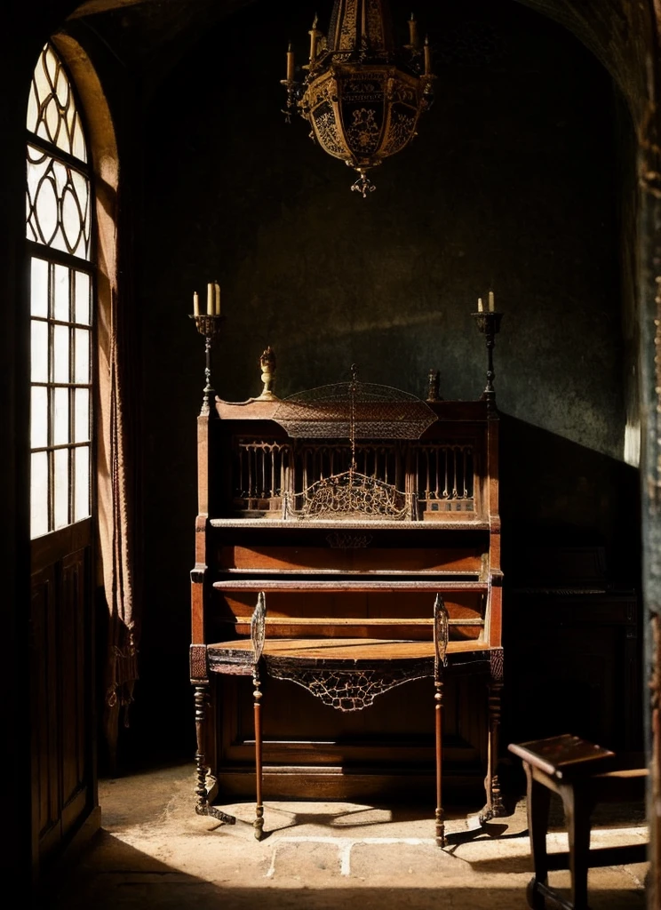 Inside the Gothic room, shadows loom over dusty antique furniture and worn tapestries hanging from stone walls. Flickering candles illuminate shelves filled with jars of bright-colored liquids and strange mechanical contraptions. A cobweb-covered piano waits in a corner, while a porcelain figure with empty eyes gazes from its pedestal. An ancient clock marks time with an ominous tick-tock. The air is heavy with the scent of incense and dried herbs. Every shadow seems to hide a secret, every corner whispers a forgotten tale.