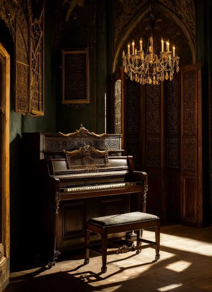 Inside the Gothic room, shadows loom over dusty antique furniture and worn tapestries hanging from stone walls. Flickering candles illuminate shelves filled with jars of bright-colored liquids and strange mechanical contraptions. A cobweb-covered piano waits in a corner, while a porcelain figure with empty eyes gazes from its pedestal. An ancient clock marks time with an ominous tick-tock. The air is heavy with the scent of incense and dried herbs. Every shadow seems to hide a secret, every corner whispers a forgotten tale.