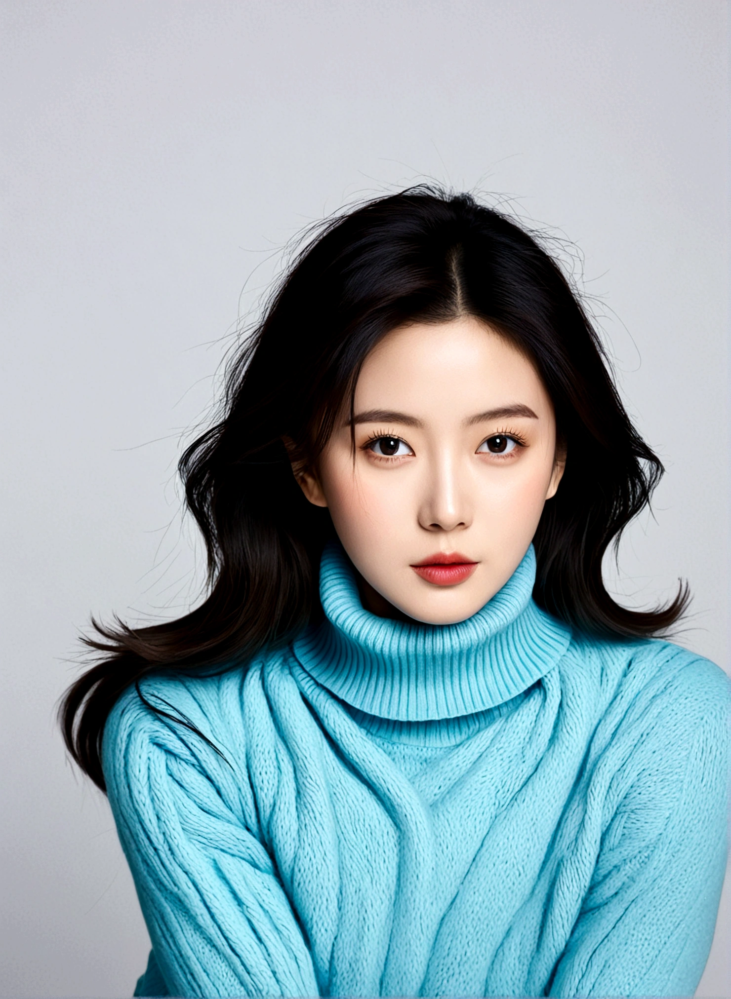 1 Girl，Asian，black hair，See viewers，photo real，portrait，Reality，Simple background，turtleneck sweater