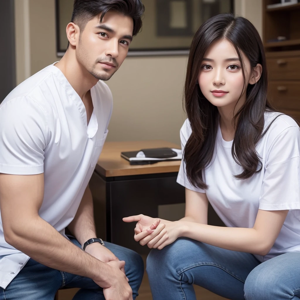 A handsome psychiatrist docter and his pretty mad pshycho girl patient. Patient girl wearing white t shirt and black jeans, mad girl