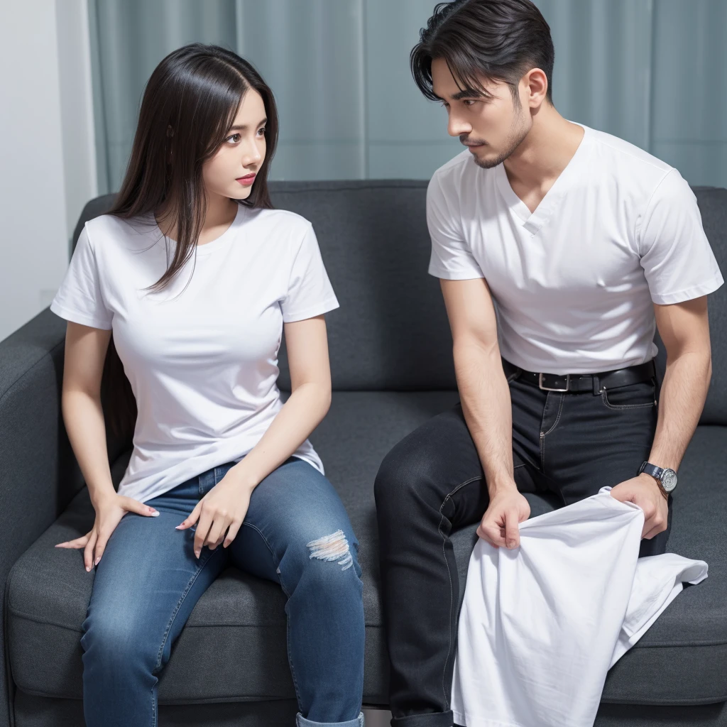 A handsome psychiatrist docter and his pretty mad pshycho girl patient. Patient girl wearing white t shirt and black jeans, mad girl. Docter wearing docter dress