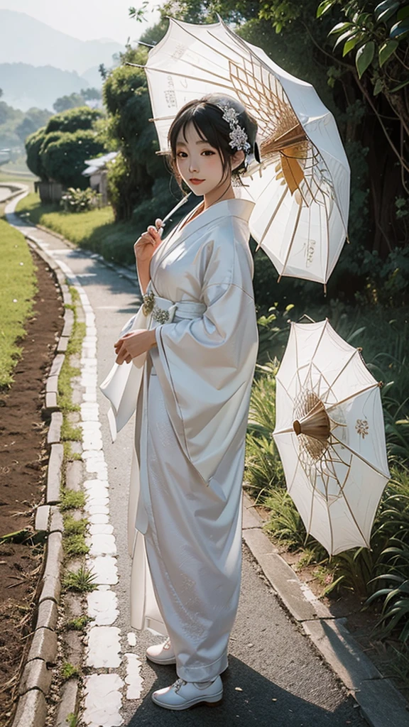 A bride wearing a pure white kimono bride costume, wearing a white simple fox mask on her face, raining, rural rice fields, walking on the path, looking down a little, there is a person with a big umbrella next to the bride, a person with a lantern is marching before and after the bride