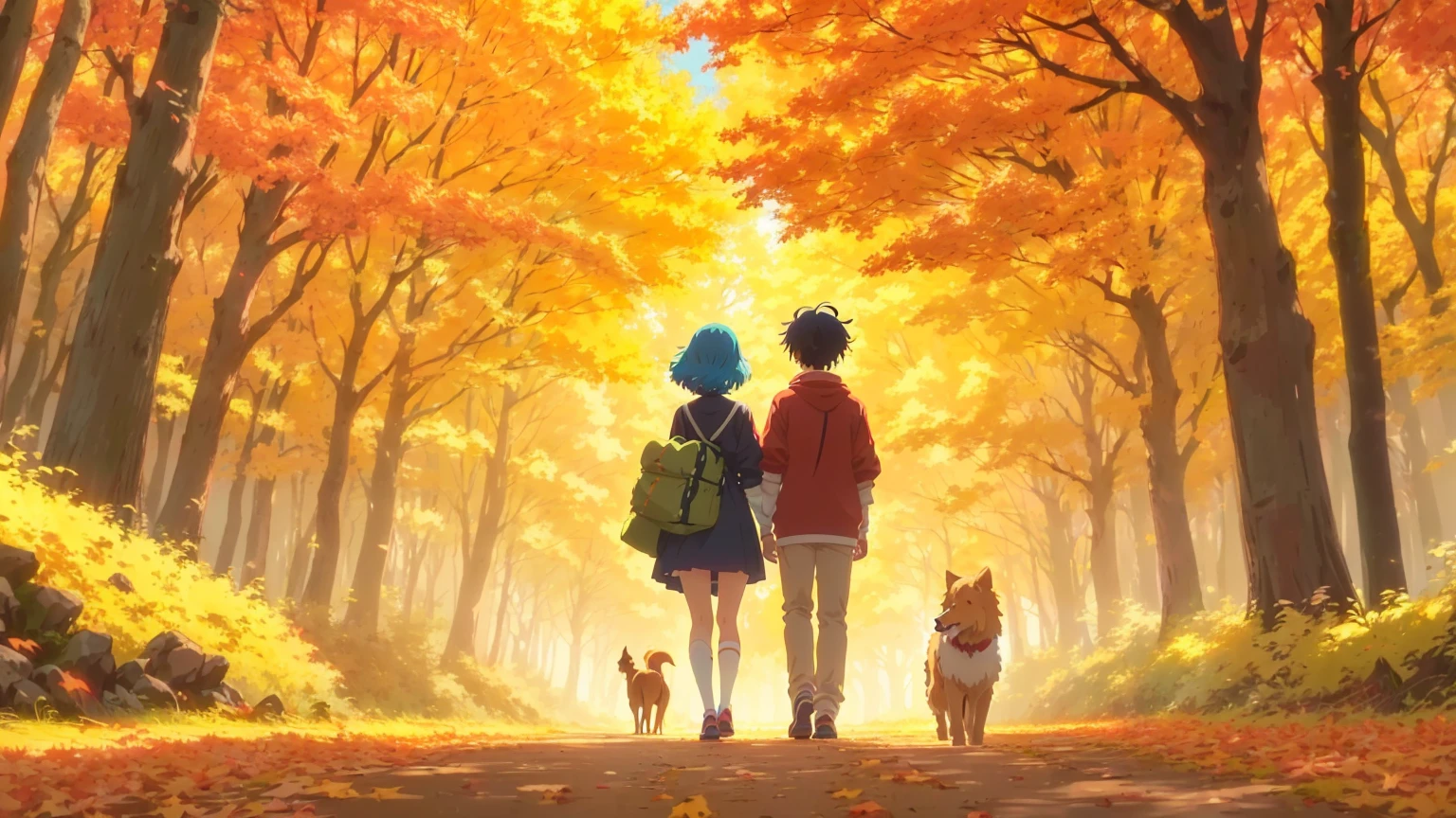 anime couple walking in the woods with their dogs, anime lush john 8k woods, in style of atey ghailan, atey ghailan 8 k, anime style 4 k, today's featured anime still, colorful anime movie background, anime style. 8k, anime art wallpaper 8 k, official anime still, high quality anime movie still, official art