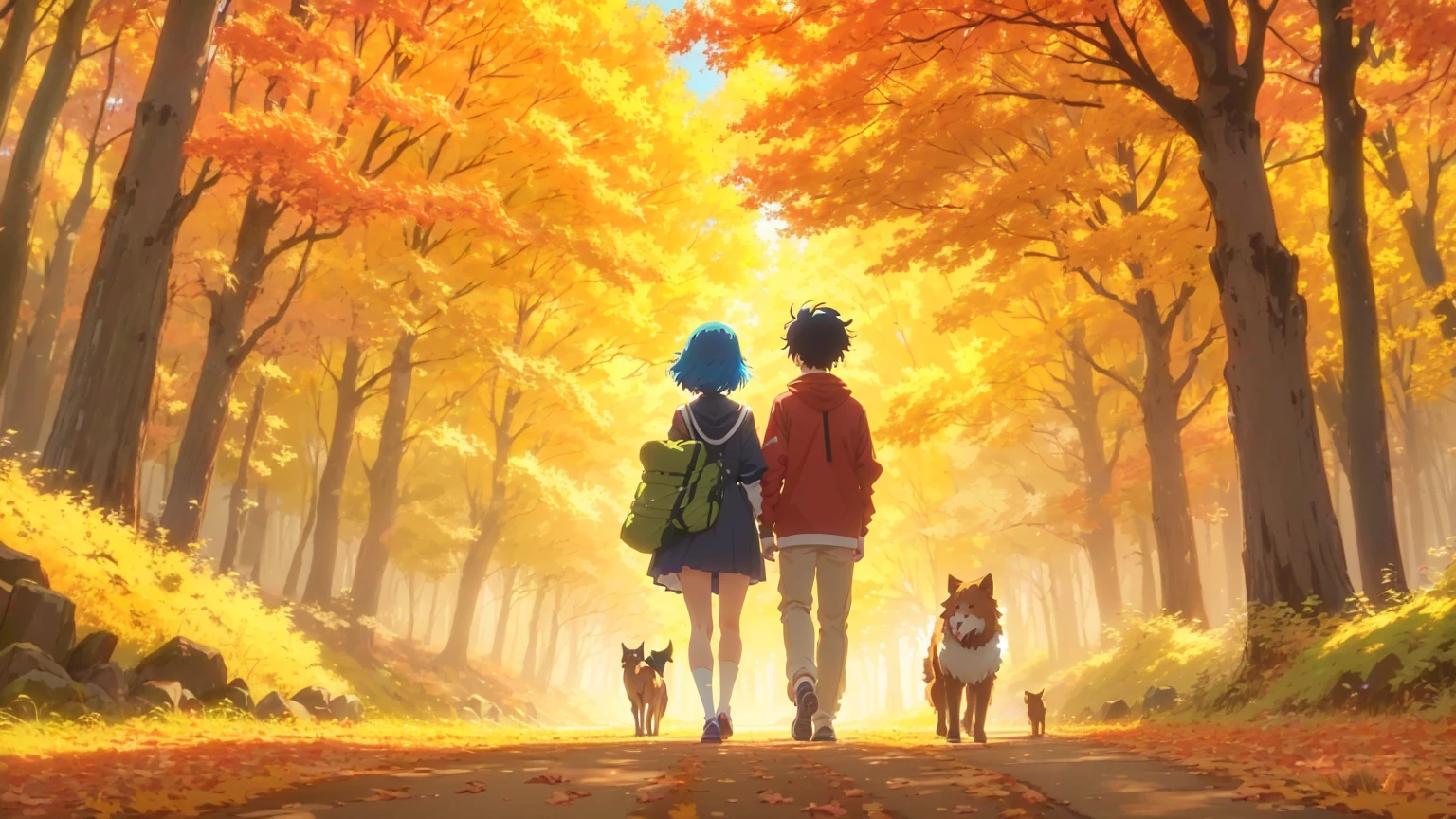 anime couple walking in the woods with their dogs, anime lush john 8k woods, in style of atey ghailan, atey ghailan 8 k, anime style 4 k, today's featured anime still, colorful anime movie background, anime style. 8k, anime art wallpaper 8 k, official anime still, high quality anime movie still, official art