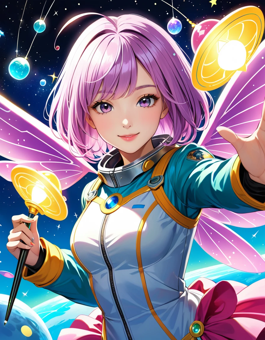 dynamic angle, (close up face), smile, UFO Magical Girl paints a futuristic world where science and magic intertwine. The girl, dressed in a spacesuit-style dress, holds a glowing magic wand. Around her, colorful UFOs fly around, each one moving with her magic and occasionally emitting particles of light.