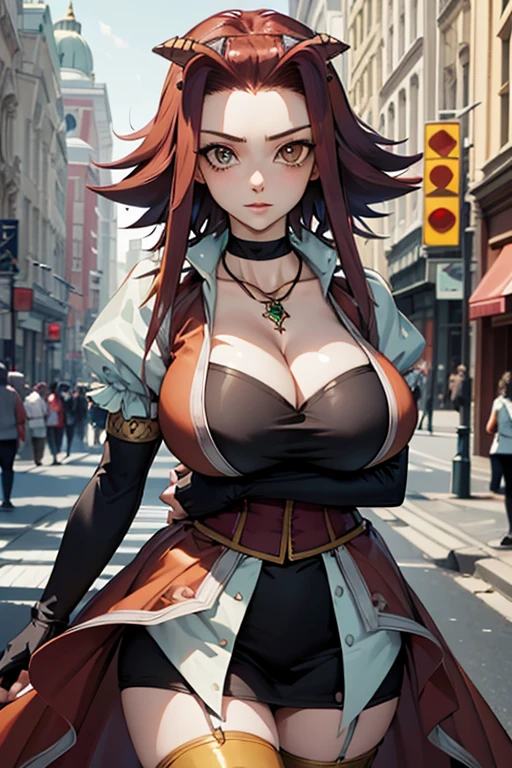 masterpiece, high quality, highres, absurdres, ultra-detailed, detailed eyes, aki1, izayoi aki, solo, mature woman, tall, elbow gloves, jewelry, cleavage, choker, necklace, black thighhighs, black gloves, huge breasts, street