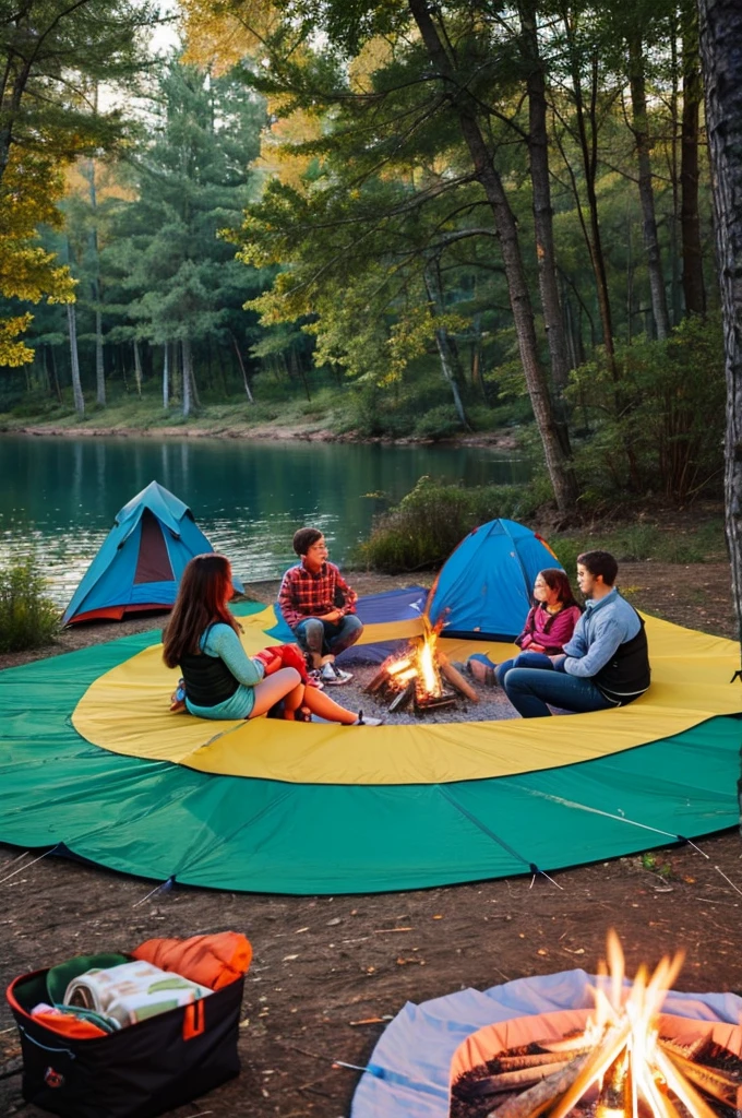 A cartoon-style picnic by the lakeside, with colorful tents and a cheerful campfire in the center. Adorable forest animals in modern clothing are gathered around the campfire, chatting and laughing.