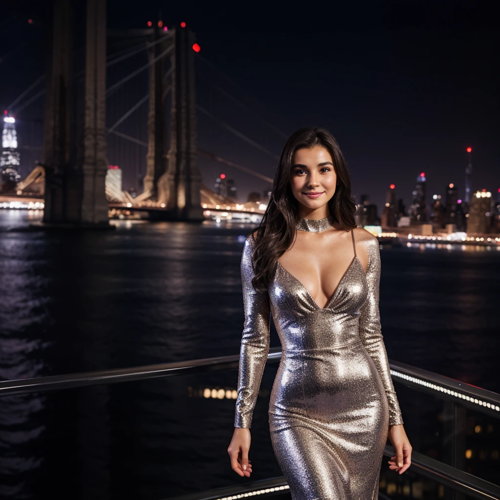 generated a full body of a 21 years old young woman with dark brown hair, medium size chest, innocent expression, With a shy smile,  Set against the glittering New York City skyline at night, a model shines in a metallic silver dress. The form-fitting gown, with its high neckline and long sleeves, glistens under the studio lights, mirroring the sparkle of the city below. The modern, reflective fabric of the dress perfectly complements the sleek, urban background