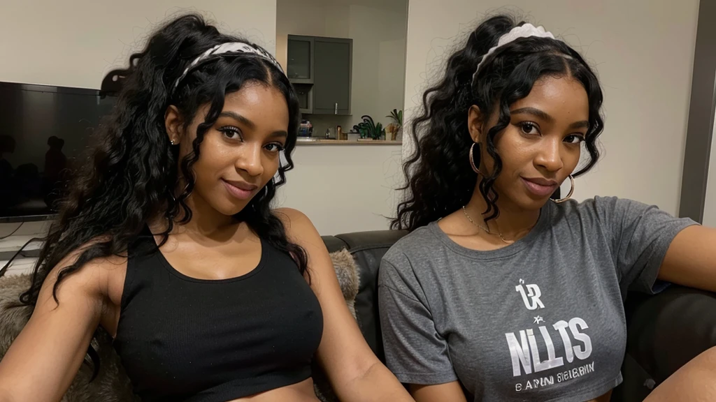 a selfie of a 35 years old black woman black youtuber , sitting in her livingroom,   wearing a sexy cropped top, long afro hair, a woman with a tiger headband on , is smiling and wearing a sexy gray shirt huge tits, wig, wearing a headband,  long black hair in a ponytail, long wild black curly hair, her black hair is a long curly, with afro, black ponytail hair, ponytail black hair, ultra high definition picture , 4k
