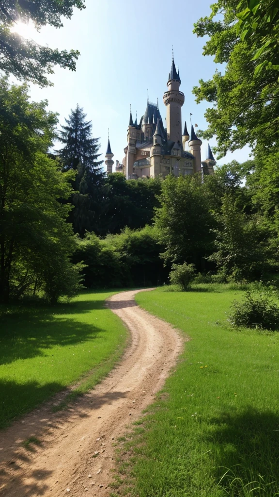 a dirt path surrounded by a forest and trees to a castle so far that you see at the end