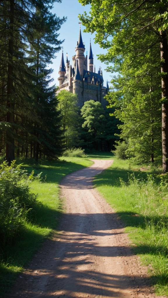 a dirt path surrounded by a forest and trees to a castle so far that you see at the end