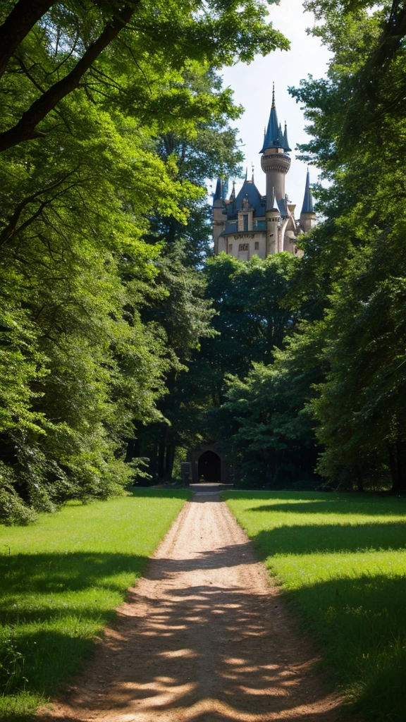 a dirt path surrounded by a forest and trees to a castle so far that you see at the end