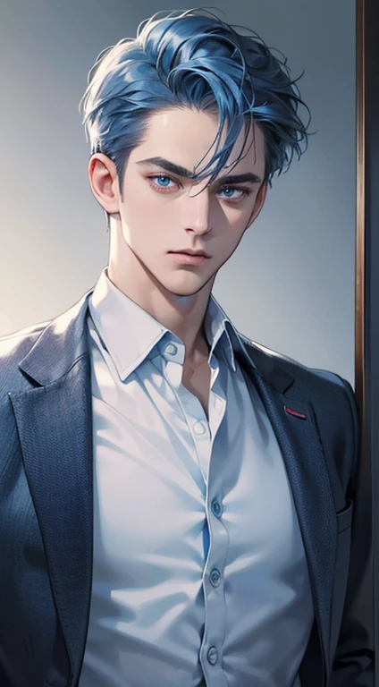 a mature man, 34 years very handsome, ((cold expression)), short blue hair, blue eyes, face perfect without mistakes, ((buttoning his jacket, CEO)), (best quality, masterpiece, 8K, photorealistic, cinematic lighting, 1:4 hdr image, ultra detailed, beautiful image)