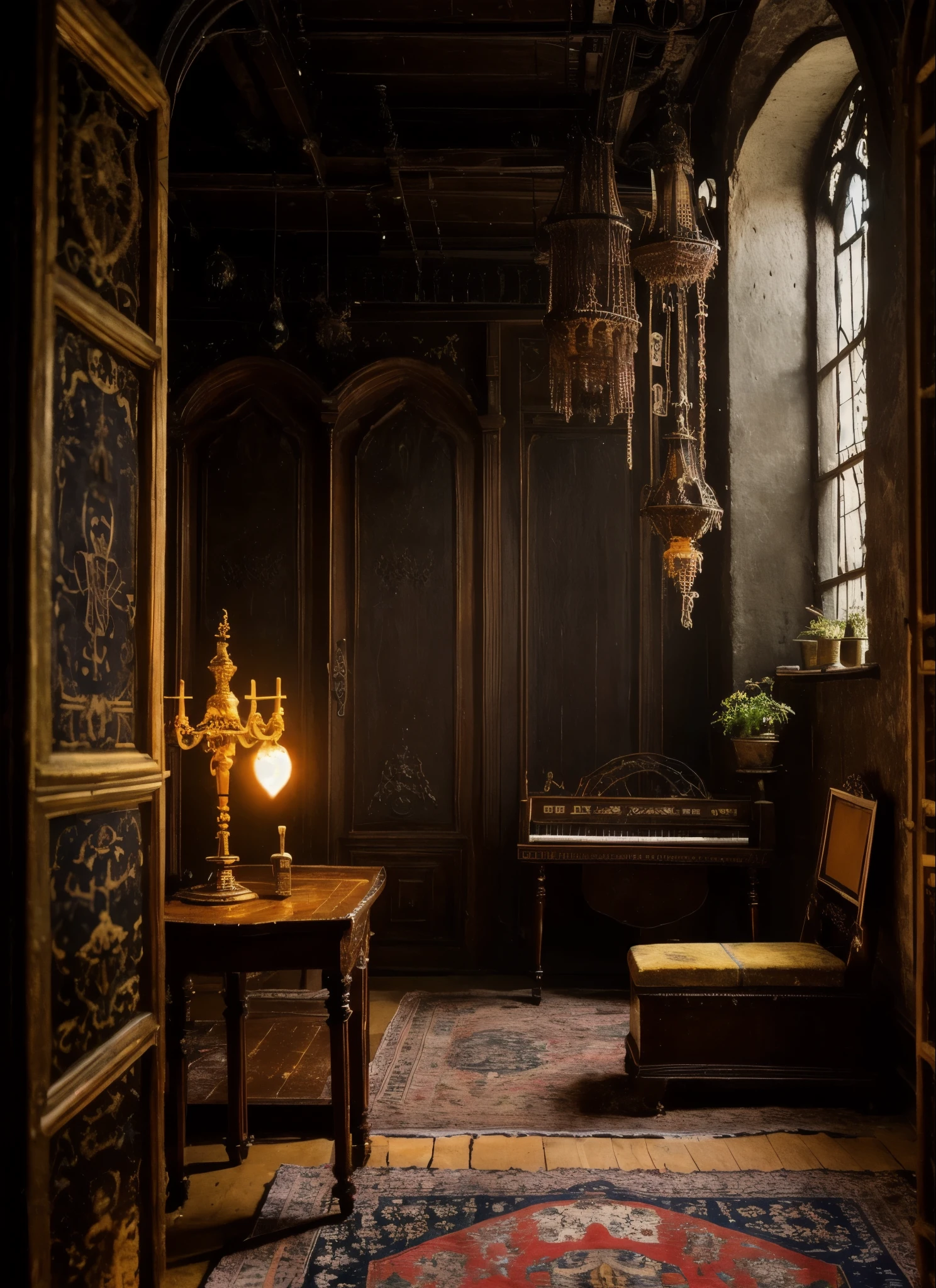 Inside the Gothic room, shadows loom over dusty antique furniture and worn tapestries hanging from stone walls. Flickering candles illuminate shelves filled with jars of bright-colored liquids and strange mechanical contraptions. A cobweb-covered piano waits in a corner, while a porcelain figure with empty eyes gazes from its pedestal. An ancient clock marks time with an ominous tick-tock. The air is heavy with the scent of incense and dried herbs. Every shadow seems to hide a secret, every corner whispers a forgotten tale.