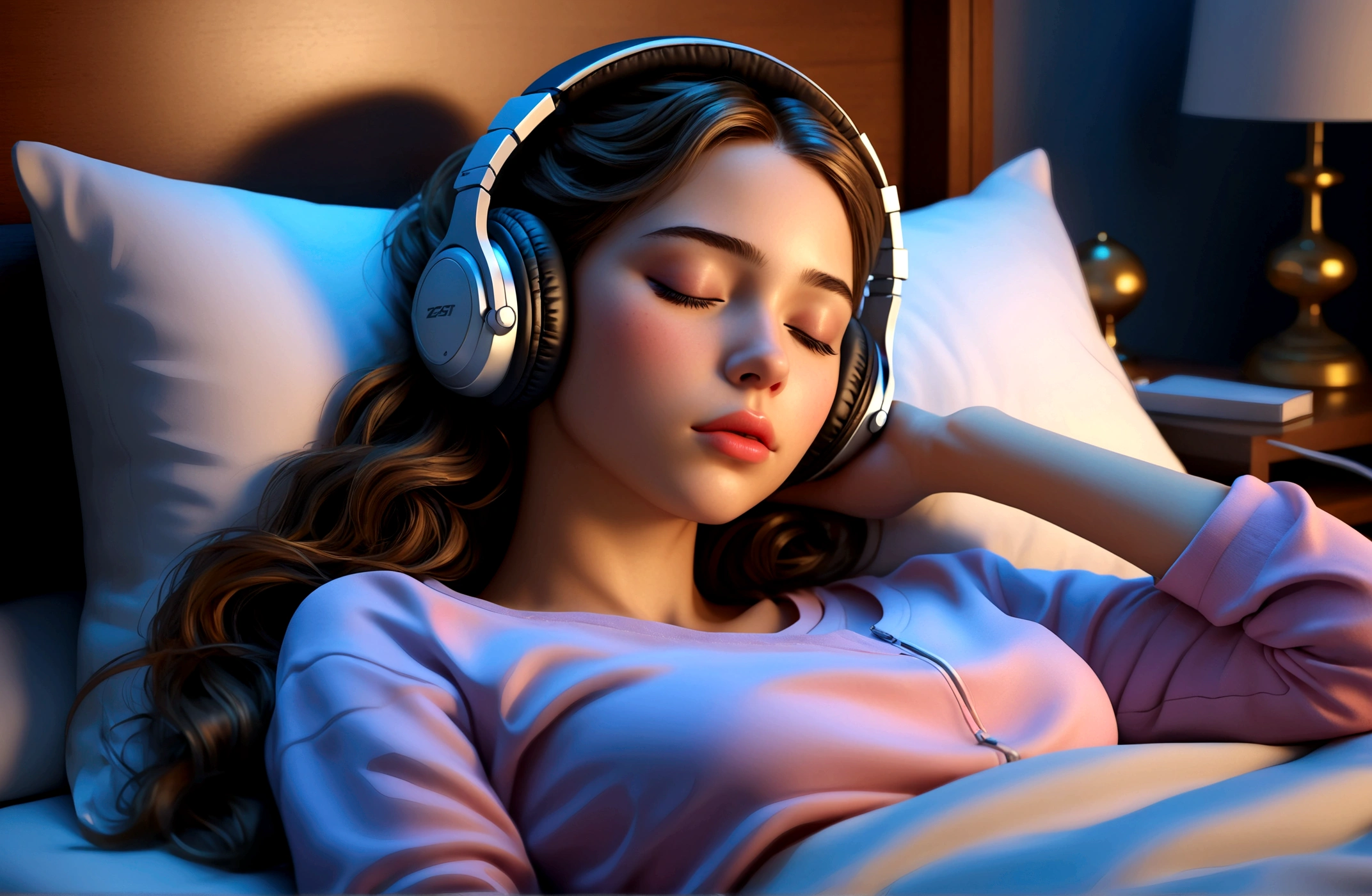 masterpiece, highest quality, beautifully, 1girl, eyes closed, sleeping, detailed lips, detailed hair, detailed outfit, headphones, bedroom, night, colorful, cinematic lighting, photorealistic, 8k, hyper detailed, intricate details, (best quality:1.2), (realistic:1.37), (masterpiece:1.2)