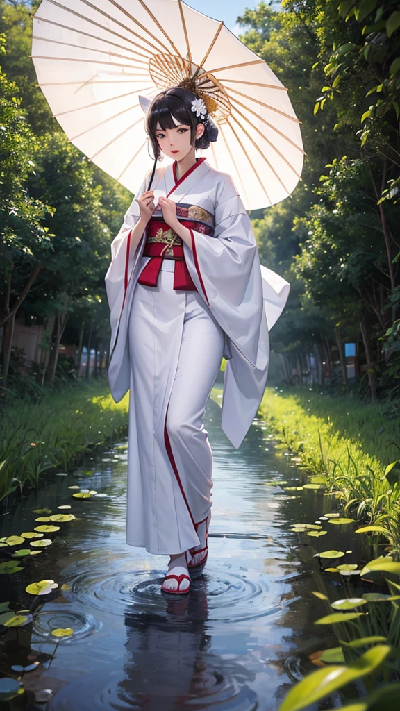 A bride wearing a pure white kimono bride costume, wearing a white simple fox mask on her face, raining, rural rice fields, walking on the path, looking down a little, there is a person with a big umbrella next to the bride, a person with a lantern is marching before and after the bride