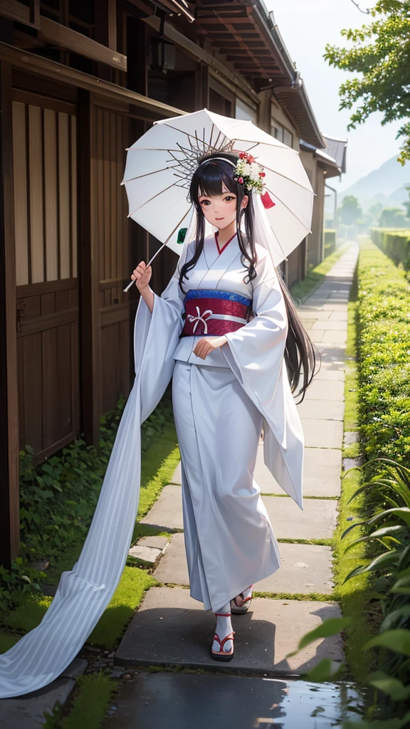 A bride wearing a pure white kimono bride costume, wearing a white simple fox mask on her face, raining, rural rice fields, walking on the path, looking down a little, there is a person with a big umbrella next to the bride, a person with a lantern is marching before and after the bride