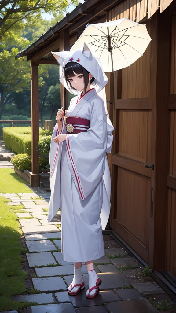 A bride wearing a pure white kimono bride costume, wearing a white simple fox mask on her face, raining, rural rice fields, walking on the path, looking down a little, there is a person with a big umbrella next to the bride, a person with a lantern is marching before and after the bride