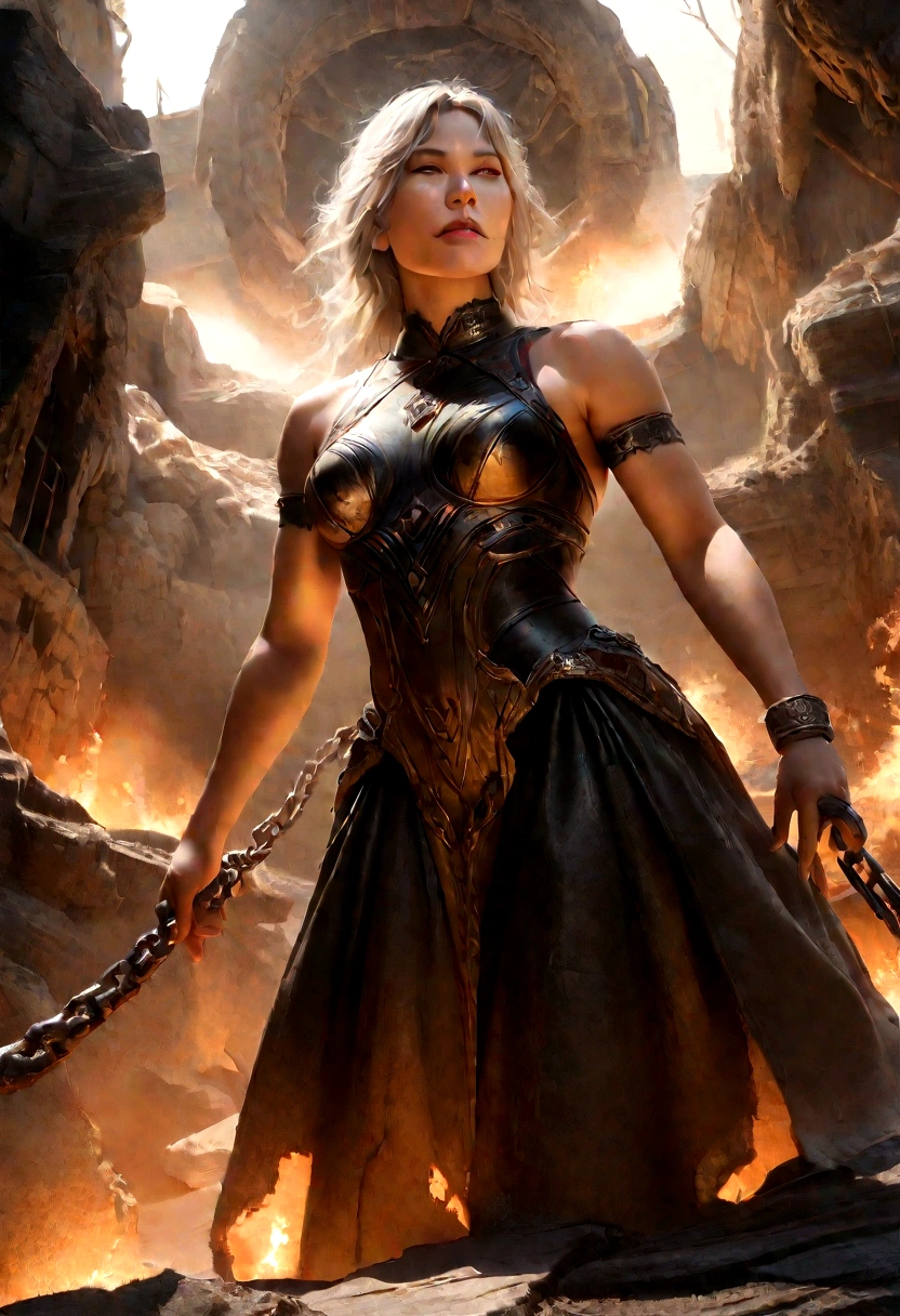 (best quality,4k,8k,highres,masterpiece:1.2),ultra-detailed,(realistic,photorealistic,photo-realistic:1.37), an African mixed looks like Denis Dang with long white hair:1.3 chained and wrapped in burning chains,view from below,illustration,metallic texture,demonic, wielding immense power,melting chains,scorching heat,rays of light piercing through the cracks,ominous shadows,exquisite detailing,steaming heat waves,smoke rising,,fireworks-like sparks,dramatic composition,dark fantasy,emerald flames,burning tattoos,fiery destruction,apocalyptic scene,crumbling ruins,distant flames,molten lava, masterpiece, best quality:1.2),,(8k,highres,RAW photo,realistic,photo-realistic:1.3),(detailed skin texture,detailed cloth texture,beautiful detailed face:1.25),professional lighting,photon mapping,beautiful soft light,radiosity,physically-based rendering,raytracing, model shoot style, model shoot style, (extremely detailed CG unity 8k wallpaper), full shot body photo of the most beautiful androgen.