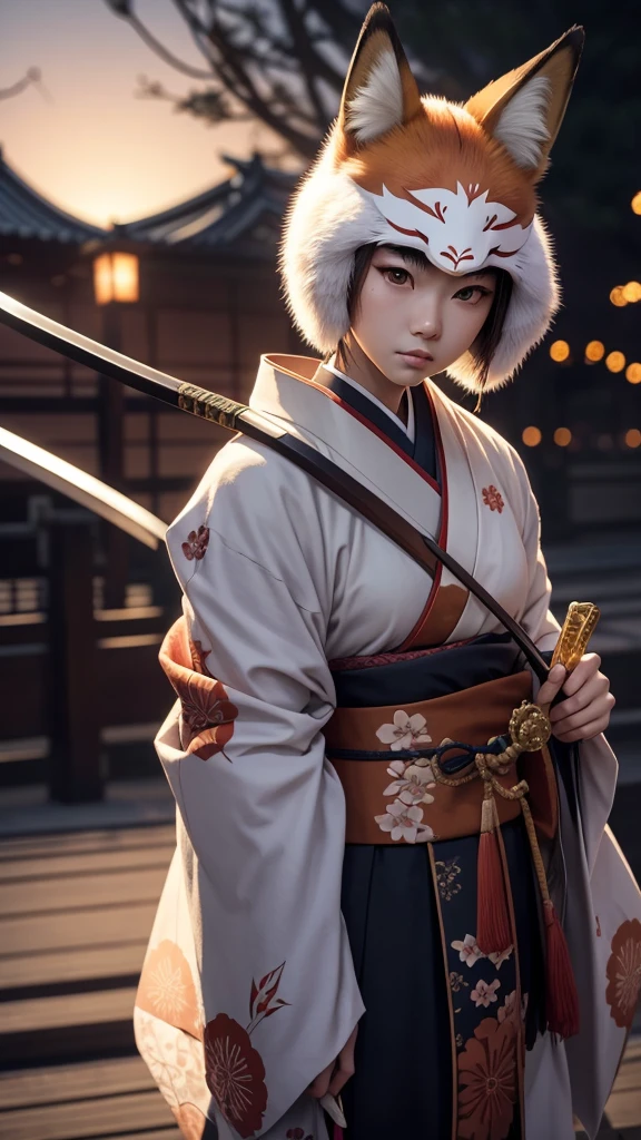 Wearing a kimono、wearing a fox mask、I can't see facial expressions、20-year-old woman、Fighting with Japanese swords、Japanese swords are masterpieces、Fantasy World、Night Scenery、Realistic live-action style、