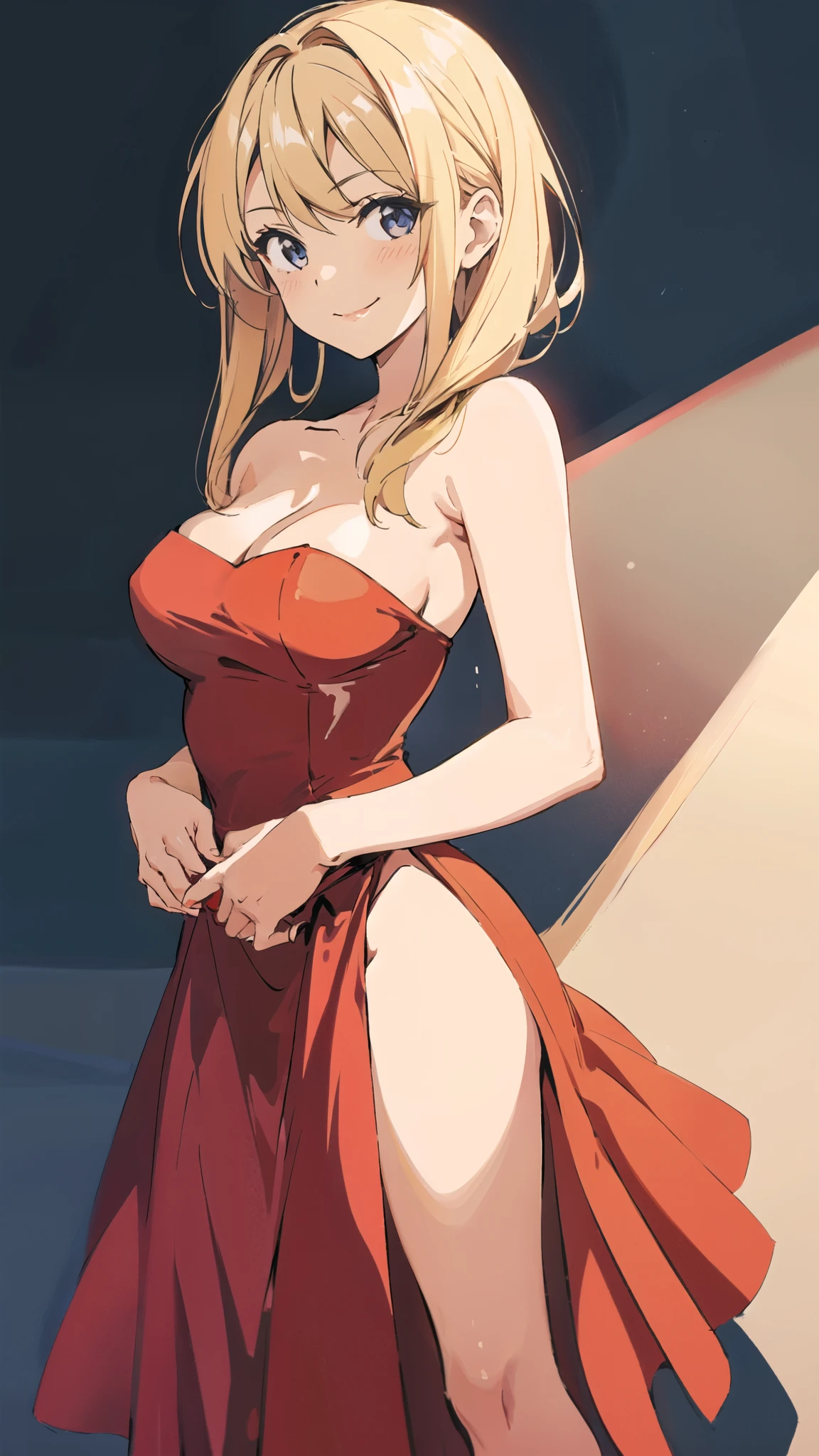 solo, 1girl, strapless, red midi dress, simple background, seductive smile, middle breasts, middle hair, blonde