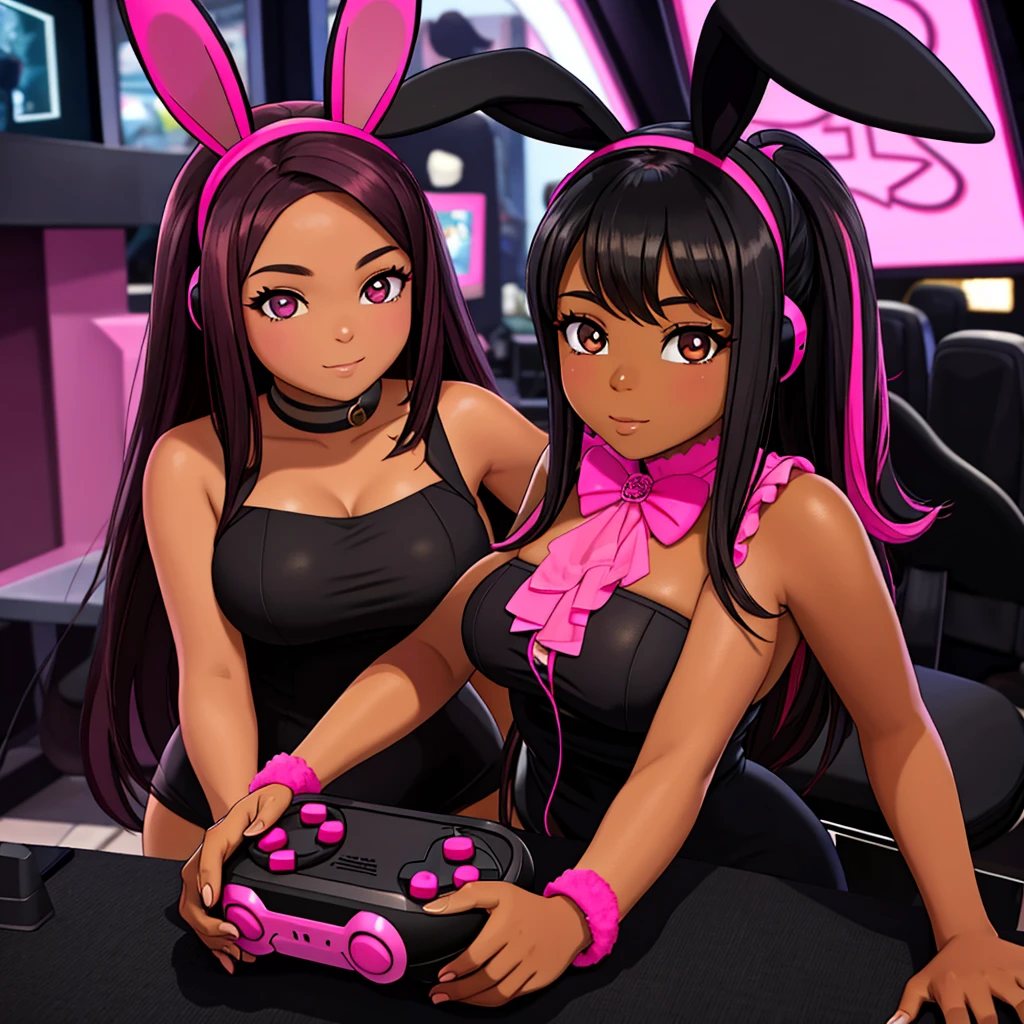 Garota de pele negra, black and medium hair with pink highlights,olhos da cor rosa,with furry pink bunny ears accessories. With a gaming controller in hand