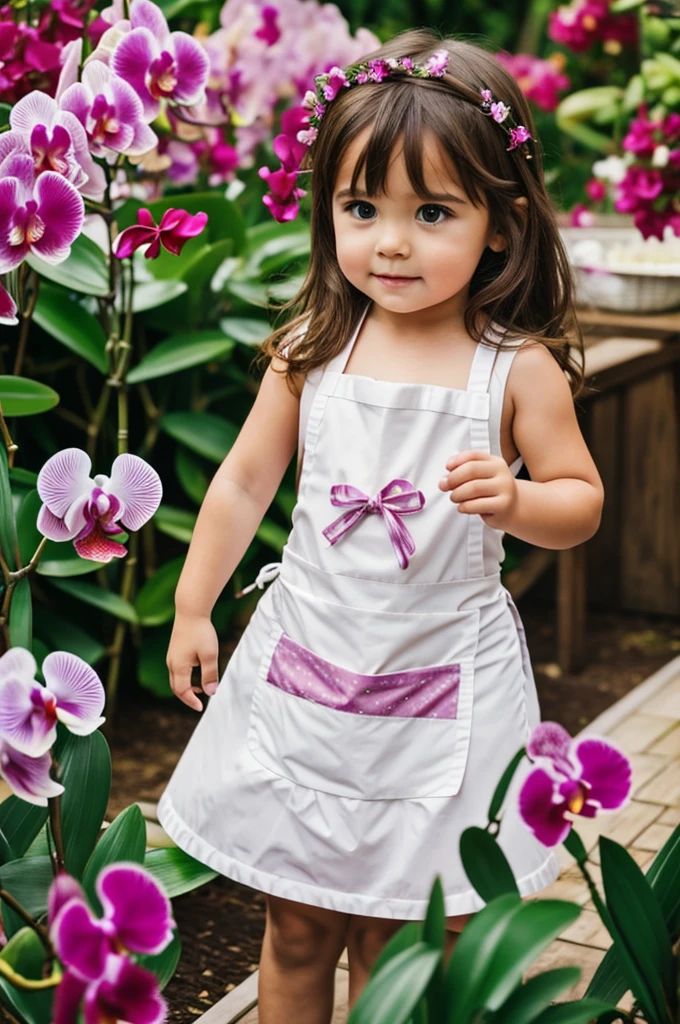 A  brown haired girl with an apron in a garden of orchids and roses 