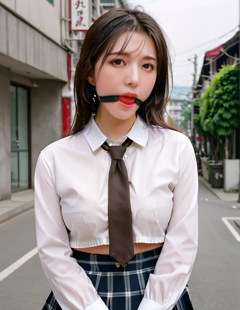 ((top-quality、8k、​masterpiece：1.3))、sixteen years old、student clothes、Uniforms、Ultra hort-hair、Crisp focus：1.2、Beautiful Women in Perfect Style：1.4、Slender abs：1.2、((Dark brown hair、huge tit：1.2))、(White button-up long shirt:1.1)、Street:1.2、Highly detailed facial and skin texture、A detailed eye、double eyelid、full bodyesbian、pleatedskirt,ballgagged