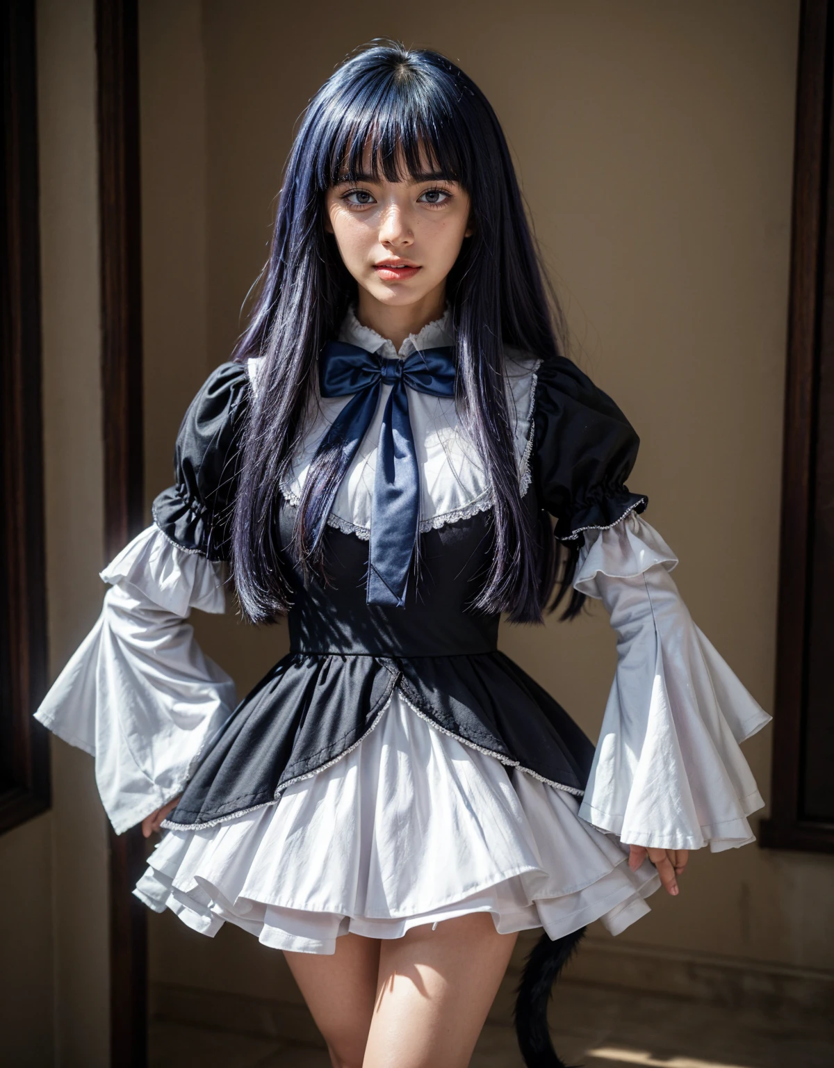 1 chica, full body photography, athletic, strong woman body, slim woman body, bowtie, frills, black dress, puffy sleeves, short over long sleeves, long sleeves, deep-blue hair, long hair, frederica bernkastel, purple hair, dress, bowtie, mary janes, socks, cat tail, tail bow, tail ornament,
purple eyes, constituir, Volumetric lighting, Mejor calidad, obra maestra, detalles intrincados, mapeo de tonos, sharp focus, hiper detallado, tendencia en artstation, Realista, belleza de talla mundial, joy face, vista frontal, detailed background, centered photo, perfectly drawn hands, closed dress at chest, wide sleeves