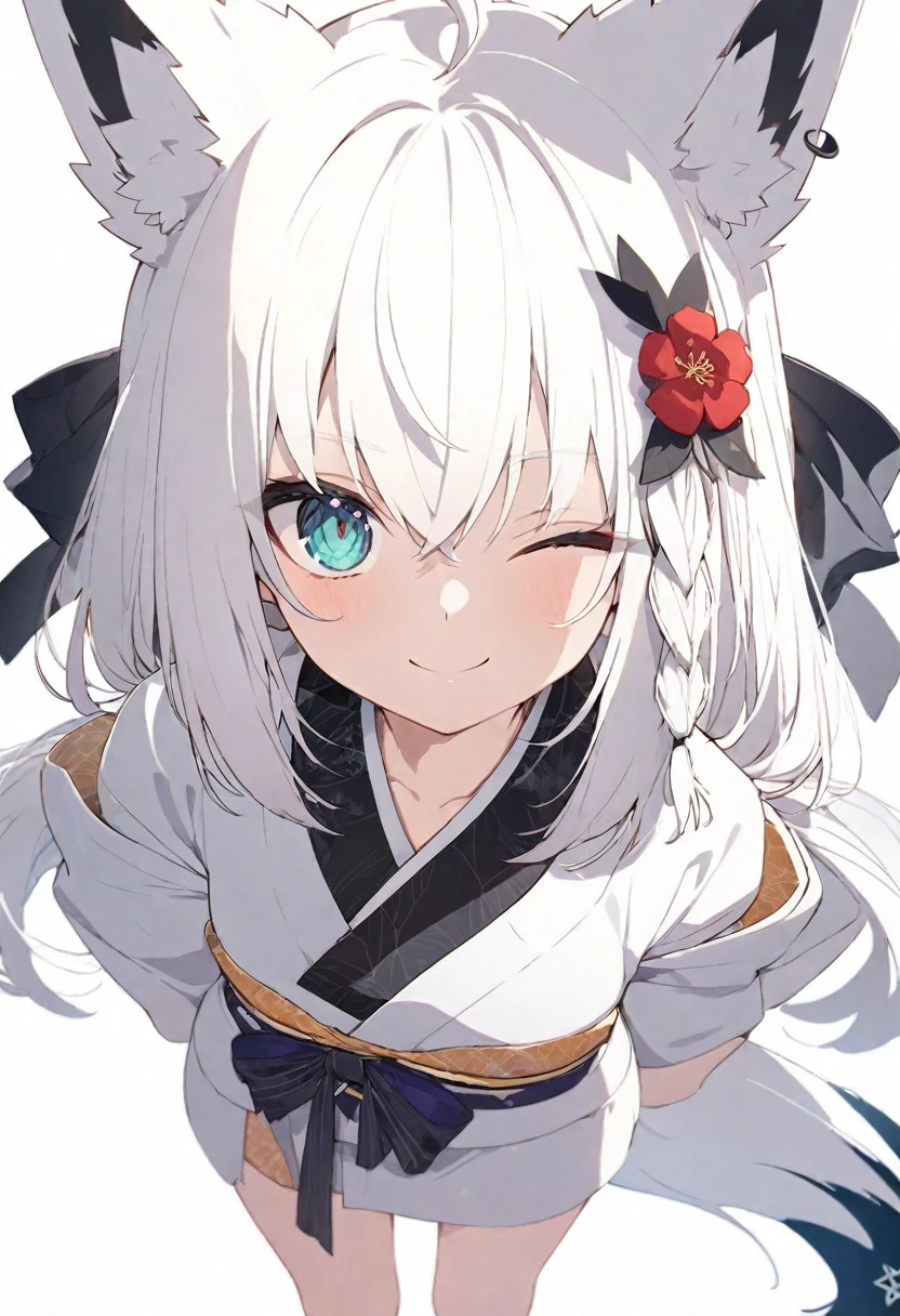 (muste piece), (best quality), very detailed eyes, expressive eyes, perfect face, very detailed face, highly detailed face, beautiful girl, 8K, beautiful girl, white background background, delicate and beautiful face and eyes, dark intense shadow, 
1 girl, vtuber style, cool girl, hololive, Shirakami Fubuki, white hair, fox ears, fox tail, Gorgeous kimono, japanese hair accessories, small chest, clavicle, one eye close winking, smile, body visible through clothes, chest visible through clothes, (full body), looking at viewer, standing,