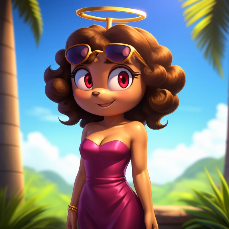 Dora the explorer, young adult, strapless tight dress, cleavage, curly hair, halo, sunglasses, jewelry, red eyes, longeyelashes, red eyes, smile, shy, blush, high detail, masterpiece, UHD, anatomically correct, super detail, highres, 4K