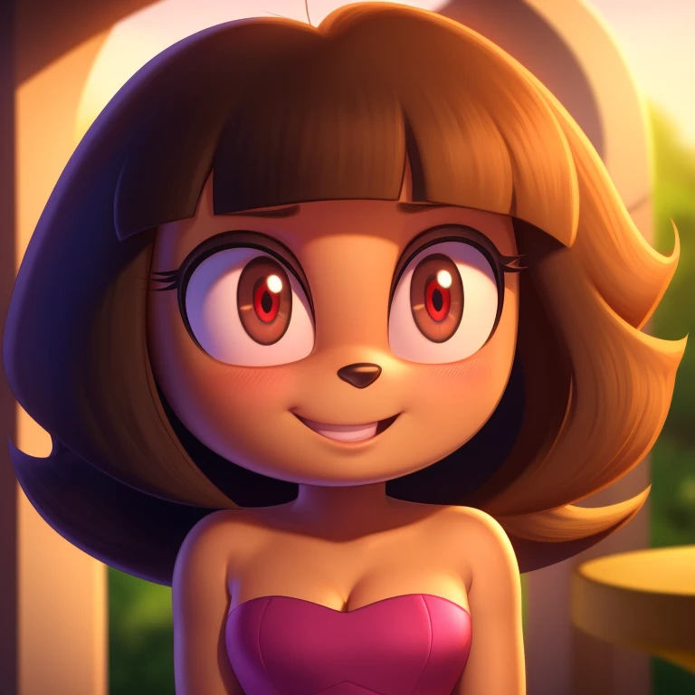 Dora the explorer,  adult, strapless tight dress, cleavage, curly hair, halo, sunglasses, jewelry, red eyes, longeyelashes, red eyes, smile, shy, blush, high detail, masterpiece, UHD, anatomically correct, super detail, highres, 4K