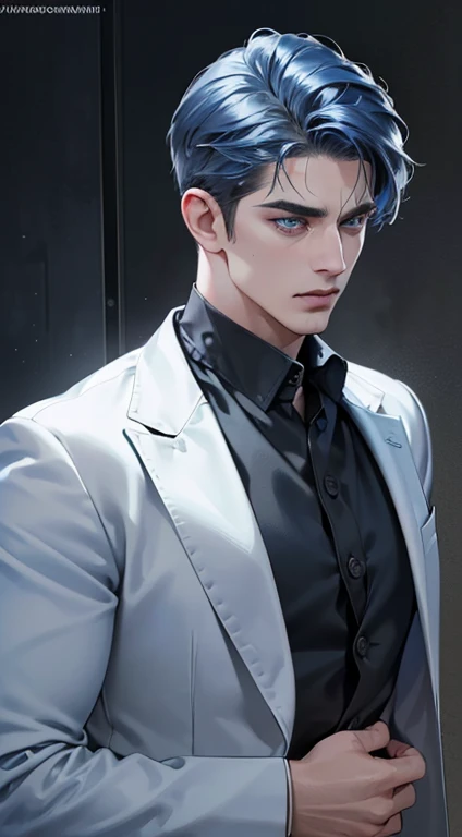 (best quality,4k,8k,highres,masterpiece:1.2),ultra-detailed,(realistic,photorealistic,photo-realistic:1.37),cinematic lighting,1:4 hdr image,a mature man,34 years very handsome,((cold expression)),short blue hair,blue eyes,face perfect without mistakes,((buttoning his jacket, CEO))