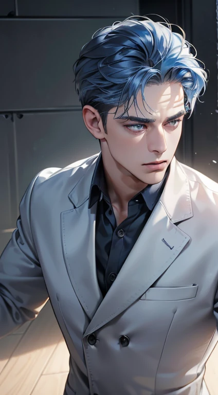 (best quality,4k,8k,highres,masterpiece:1.2),ultra-detailed,(realistic,photorealistic,photo-realistic:1.37),cinematic lighting,1:4 hdr image,a mature man,34 years very handsome,((cold expression)),short blue hair,blue eyes,face perfect without mistakes,((buttoning his jacket, CEO))
