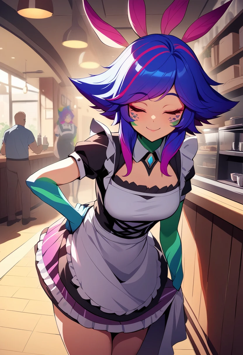 masterpiece, best quality, 1girl, boris \(noborhys\), neeko, colorful skin, multicolored hair, hair ornament, standing, maid outfit, facial mark, closed eyes, smile, cafe environment, maid outfit , raising the skirt