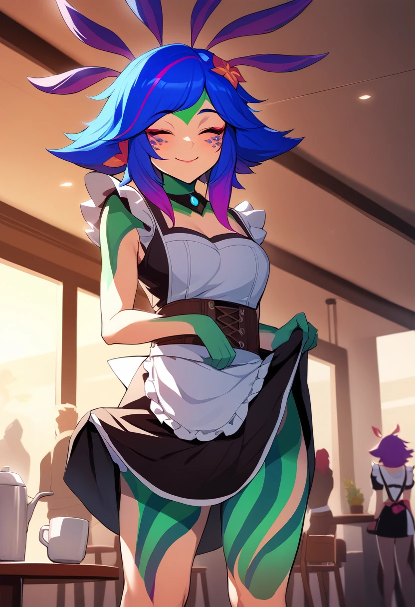 masterpiece, best quality, 1girl, boris \(noborhys\), neeko, colorful skin, multicolored hair, hair ornament, standing, maid outfit, facial mark, closed eyes, smile, cafe environment, maid outfit , raising the skirt