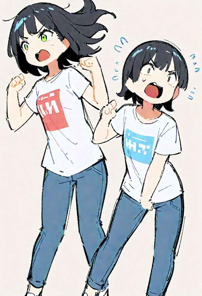 (((Dynamic pose))),((Open mouth expression)) , ((masterpiece)),(((Highest quality))),(sketch),((Girls in their 20s)),Short black hair,T-Shirts,jeans