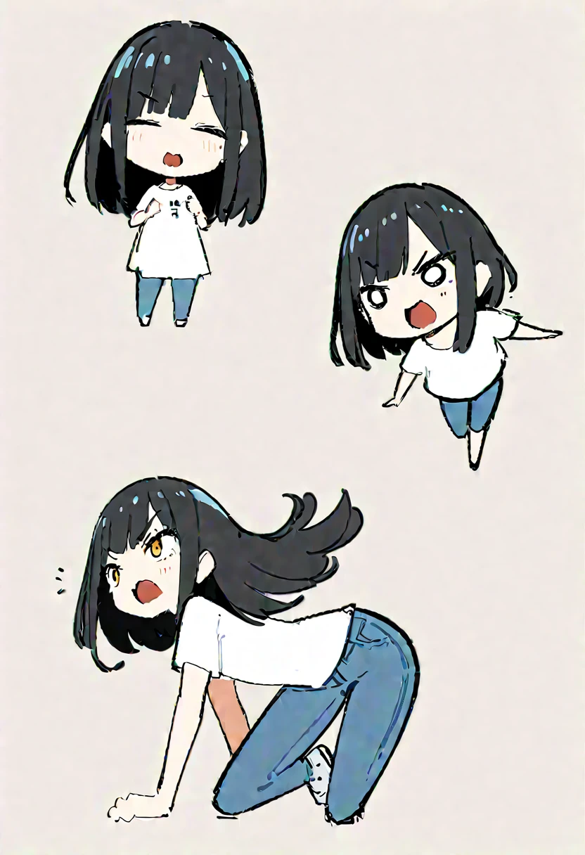 (((Dynamic pose))),((Open mouth expression)) , ((masterpiece)),(((Highest quality))),(sketch),((Girls in their 20s)),Short black hair,T-Shirts,jeans