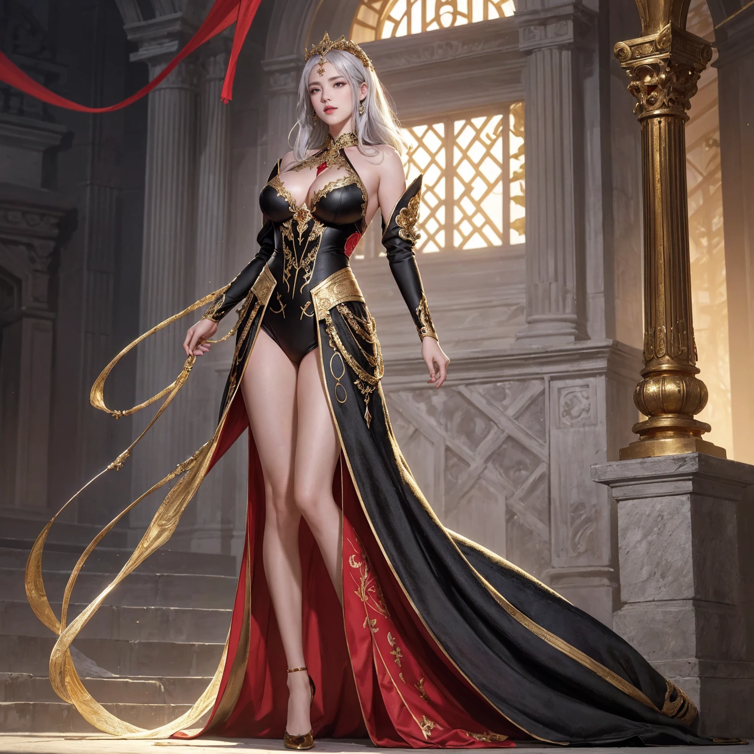 (best quality,4K,8K,highres,masterpiece:1.2),ultra-detailed,(realistic,photorealistic,photo-realistic:1.37), illustration by artgerm and gerald brom, attractive woman, perfect body, huge breasts, hyperfeminine curves, black, red, gold, vibrant, emotive expressions, My chest is completely exposed, glamour, K cup, Exposed breasts, Yukdeok, Voluptuousness, ((((full body)))), ((((独奏)))), 1woman, white hair, gorgeous woman Estimated C, （Front Focus），((ultra gigantic tits))、((Upper body naked))、( Exposed)、(((Golden short hair)))、((Sexy embroidered red and gold and black witch costume))、((High quality red and gold and black witch costume with sexy embroidery))、((Sexy Witch、High quality red and gold and black witch costume with less fabric embroidery))、Sexy embroidery beautifully embroidered on red and gold and black witch costume，Decorated with fine witch costumes and fine jewelry with fine embroidery，photographrealistic，Dynamic Lighting，art stations，poster for，Volumetriclighting，extra detailed face，4 k''，((Colossal tits))、With diamonds，Sexy thighs，exposing the abdomen ,Chest 1 Girl, deepshadow, Full Body, The eyes are confused and seductive，legs separated, high resolution, 1women, mature female, 独奏, full body, jewelry, tattoo, white hair, long hair, make up, red lips, queen dress, realistic, high resolution, 1 woman, mature woman, alone, Tattoo, gray hair, long hair, assembly, red lips, queen dress, Image from head to toe, only standing, standing full body image, realistic, high resolution, 오직 1 woman, 오직 alone, look at the viewer, (detailed face), gray hair, silver hair, long hair, feet up, beautiful eyes, Huge big breasts that are about to explode, golden armor, BLACK & GOLD gi, transparent, pantyhose, bare shoulders, Dripping tops, Visible nipples, look at the viewer, Orientalism, My chest is very hollow, My chest is completely exposed, glamour, K cup, Bewitching, Crotch that is barely visible, ancient japanese background, realistic hands, realistic feet and legs, live action, Banla, masterpiece, very pretty face, Exposed breasts, 2 hands with 5 fingers each, Two feet with five toes each, Yukdeok, Voluptuousness, full body naked