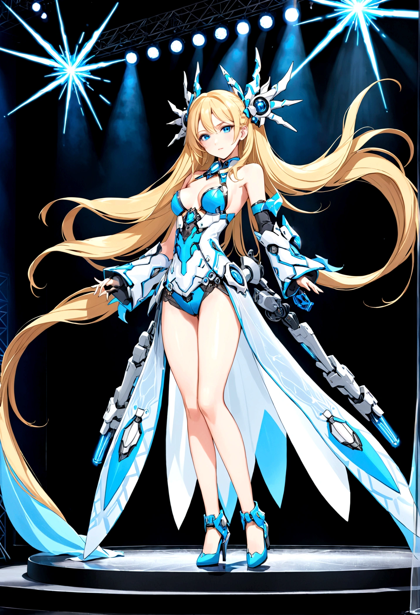 pop idol girl, long flowing blond hair, icy blue eyes, wearing a slightly revealing (mecha themed) pop idol stage costume, full body in frame, standing on stage performing