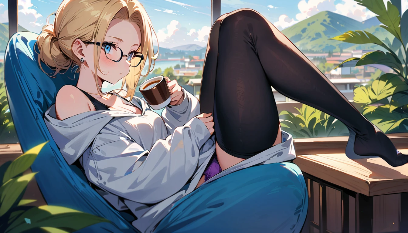 (masterpiece, best quality:1.2), solo, Android 18 from Dragon Ball, ((light gray hooded sweatshirt, Oversized hooded sweatshirt, long sleeve, black thin thigh highs, knees up, purple silky panties)), small breasts, blonde hair, (single hair bun), ((blue eyes)), (wearing glasses), earrings on earlobes, slender feminine figure, skinny body, (drinking a coffee), cleavage, off shoulder, light blush, chill, hot coffee, organized, simple, white-based interior, a few plants, cloudy sky, terrace, magnificent view, blur background, 4K, on the cute chair, (pale blue chair), 