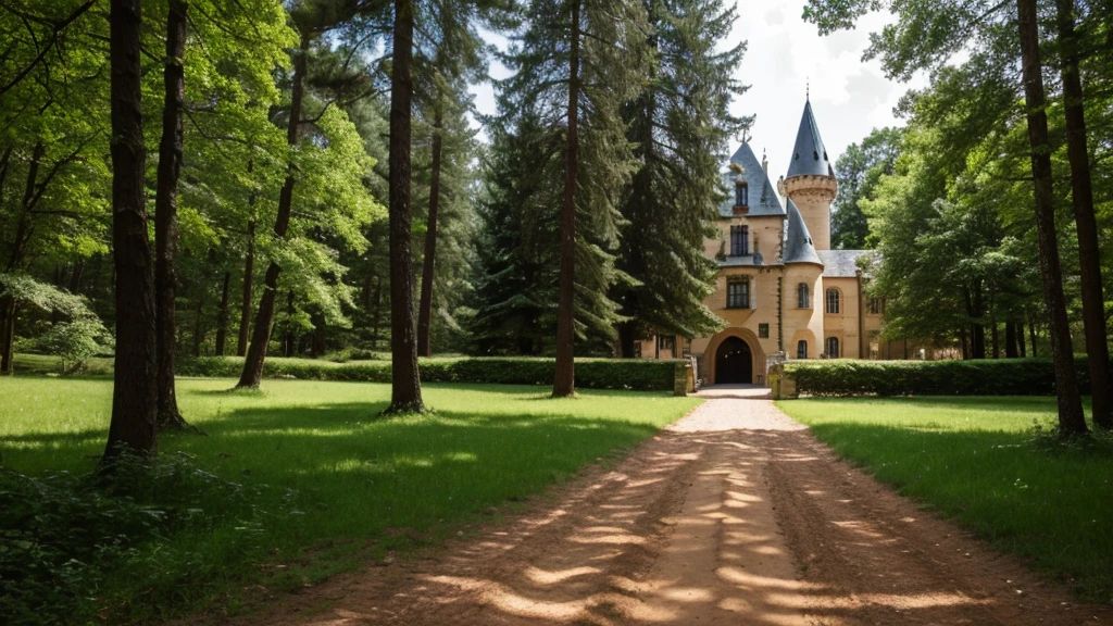 a dirt path surrounded by a forest and trees to a castle so far that you see at the end