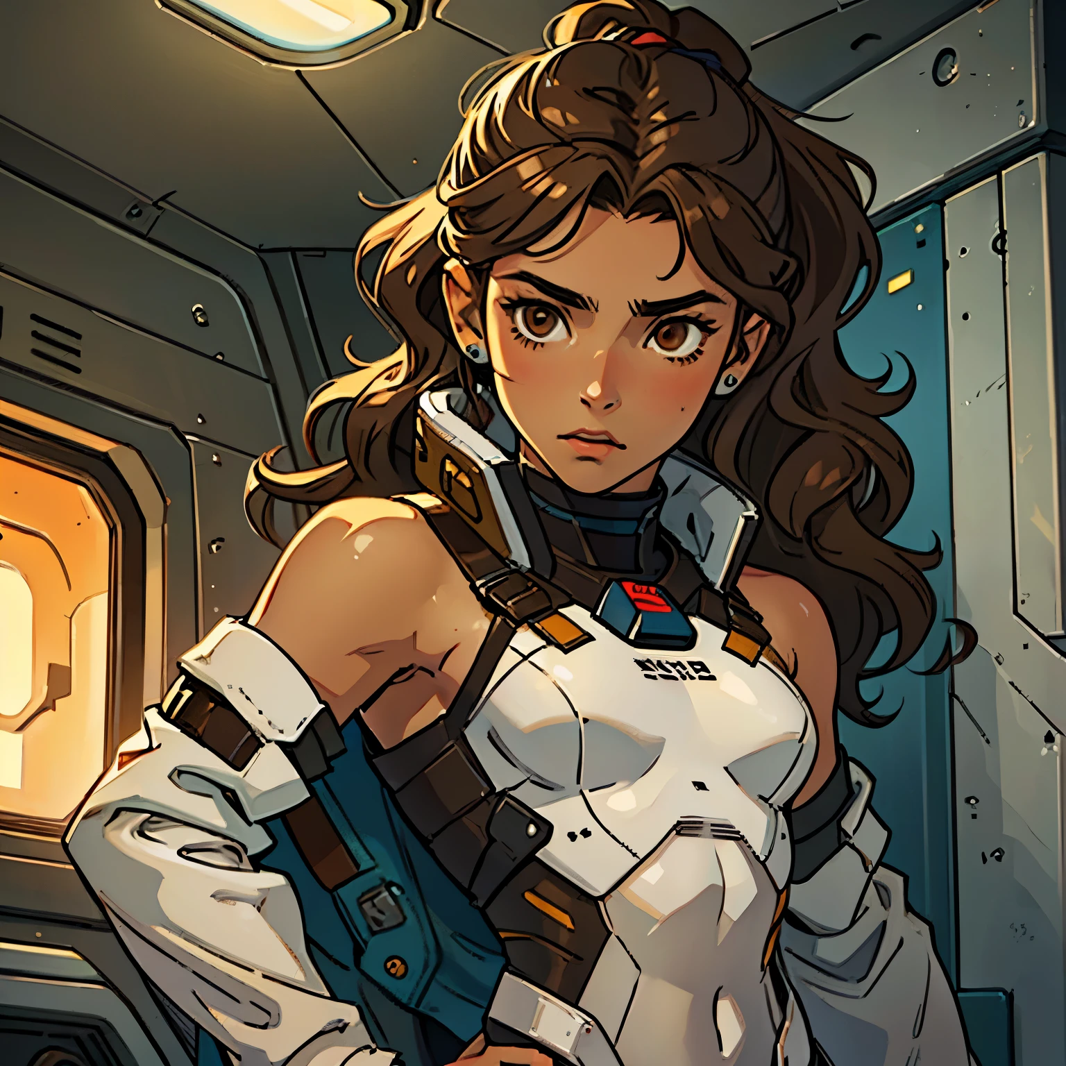 (Caucasian teenager), 18 years old, brown eyes, (wavy brown hair), (hair tied back), medium hair, small breasts. She wears a white sci-fi suit, bare shoulders, solo, shelter interior
