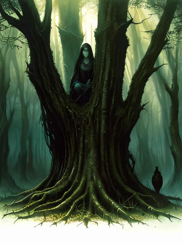 there are two birds that are sitting on a tree, dark fantasy art, dark fantasy mixed with realism, dark fantasy forest, by John Howe, fantasy dark art, painting by john howe, concept art of a dark forest, dark fantasy setting, creepy forest, # mist # horror # magic # spell, southern gothic art, of an evil tree wizard, creepy!!
