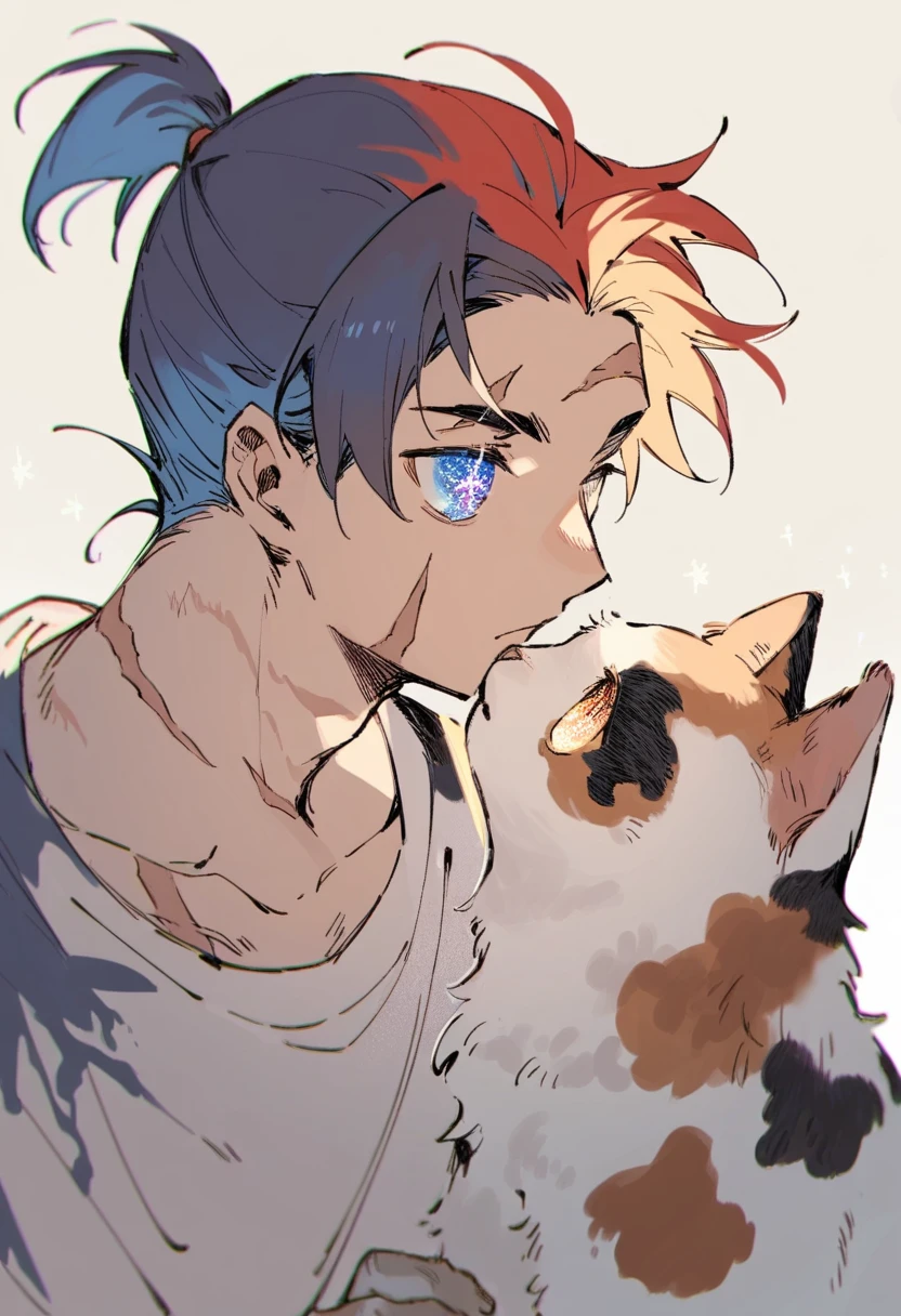 1boy, Strong, calico colored hair, scars, galaxy eyes, small ponytail, gentle