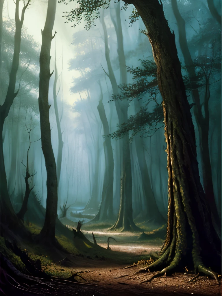 there are two birds that are sitting on a tree, a matte painting by John Howe, trending on cgsociety, gothic art, dark fantasy art, dark fantasy mixed with realism, dark fantasy forest, fantasy dark art, painting by john howe, concept art of a dark forest, dark fantasy setting, creepy forest, # mist # horror # magic # spell, southern gothic art