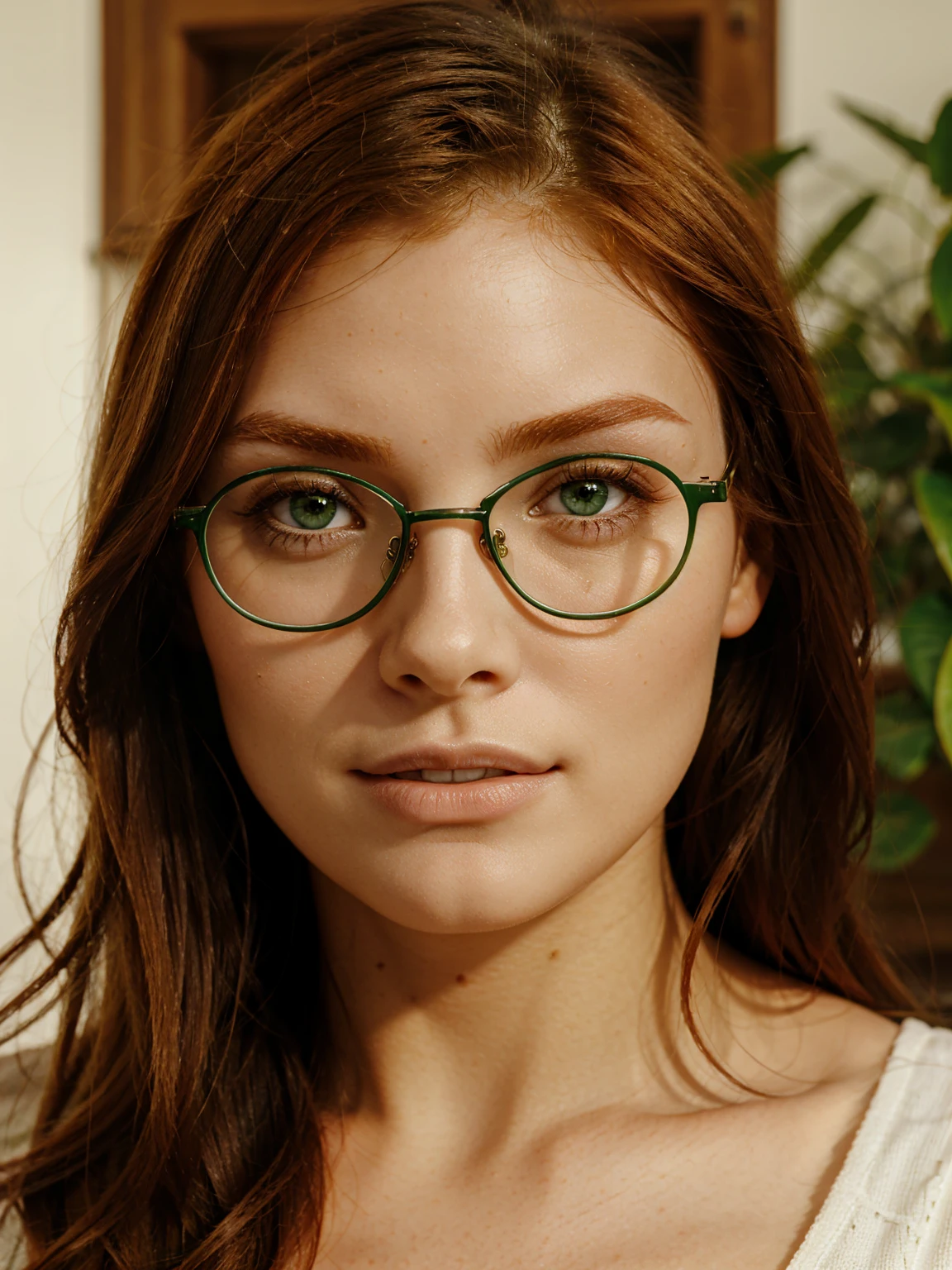Close-up of Ginger woman, green eyes, glasses